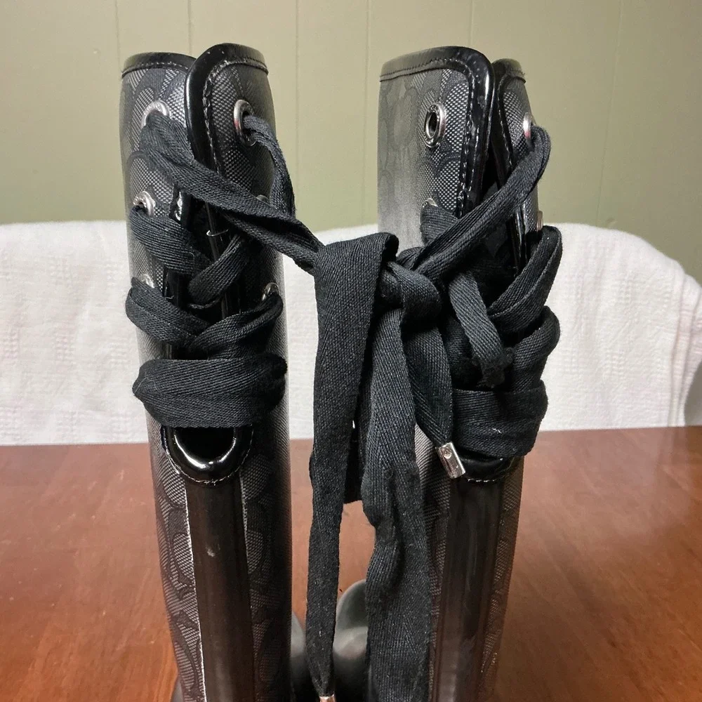 Coach Tristee Rain Boots Black Signature Monogram Lace Up Tall Women 9B A0011